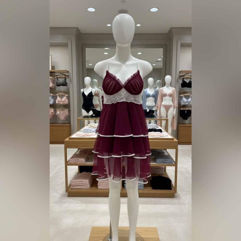 Elegant Lace Trim Burgundy Babydoll Lingerie